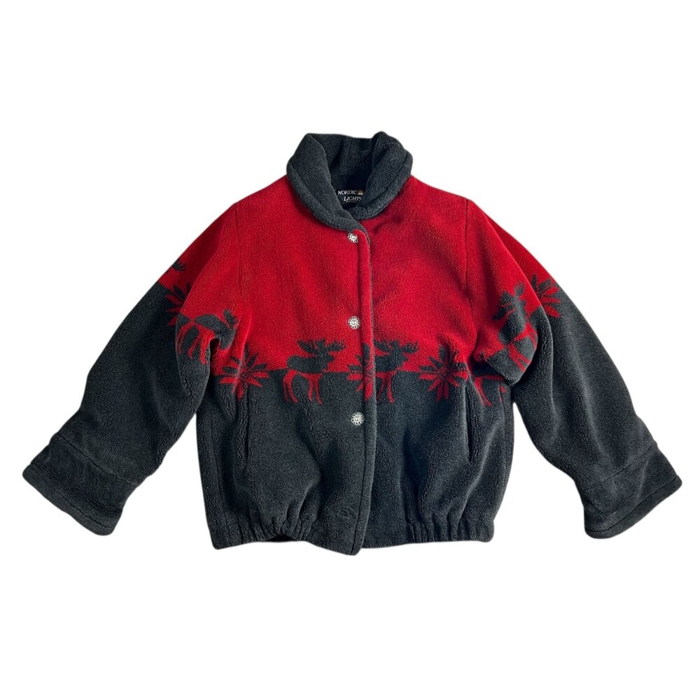 Nordic Lights Vintage Unisex Coat Plush Heavier Fleece Moose Print Jacket Size M
